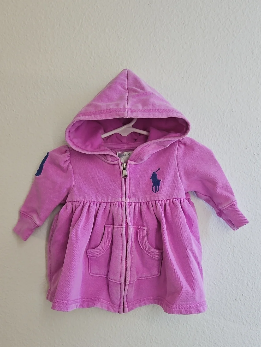 Ralph Lauren Baby Lavender Pink Hooded Zip Sweater with Navy Pony 3 Months